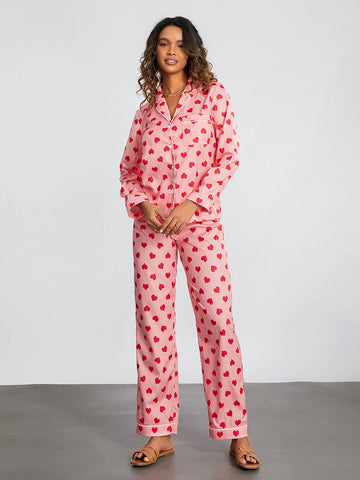 Sonicelife Heart Print Two-Piece Pajama Sets for Women Spring Fall Loungewear for Valentine's Day Long Sleeve Button Closure Top with Pants