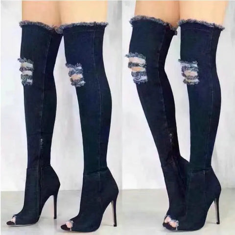 Sonicelife Autumn Women High Heels thigh high boots Female Shoes Hot Over The Knee Boots Peep Toe Cowboy Boots Denim shoes 2024