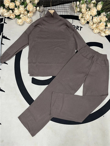 Sonicelife Two Pieces Knitted Tracksuit Turtleneck Sweater and Straight Cut Trousers