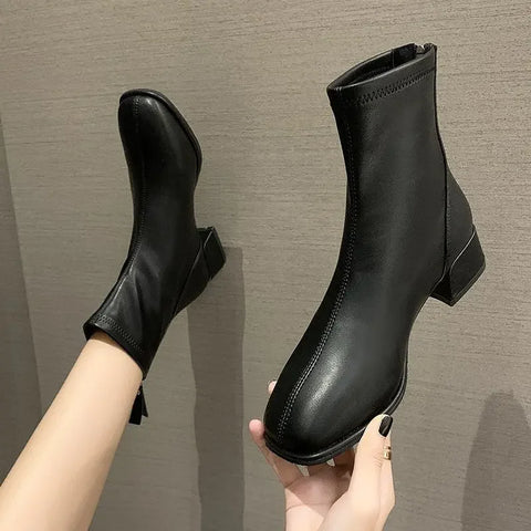 Sonicelife Elastic Socks Boots Fashion Ankle Boots Women High Heel Thicks Heel Square Toe Short Boots Women Retro  Ladies Shoes 2024