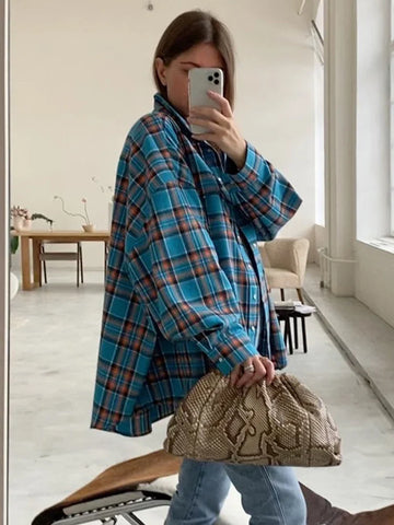 Sonicelife Sonicelife Autumn Winter Women Oversized Thick Plaid Shirt Vintage Long Sleeve Green Blue Loose Fit Blouse Woman Female