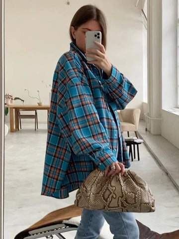 Sonicelife Aynaray 2024 Autumn Winter Women Oversized Thick Plaid Shirt Vintage Long Sleeve Green Blue Loose Fit Blouse Woman Female