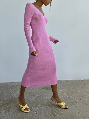 Sonicelife 2024 Autumn Winter Women Sweater Knitted Dress V-neck Long Sleeve Slim Bodycon Solid Pink Midi Pencil Dress Women