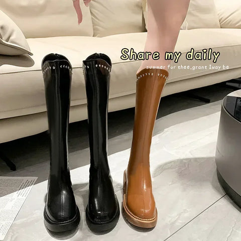 Sonicelife Woman High Boots Fashion Women Knee-High Boots High Heel Autumn Winter Soft Leather Long Boots Retro Rivet Platform Shoes 2024