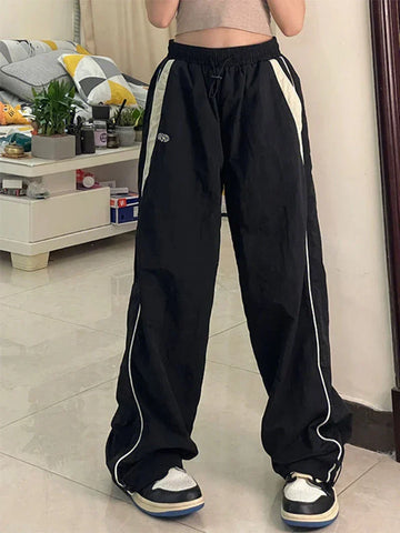 Sonicelife-Y2k Women Wide Leg Cargo Pants Casual Streetwear Loose Drawstring Trousers Drawstring Sweatpants Female Vintage Baggy Joggers