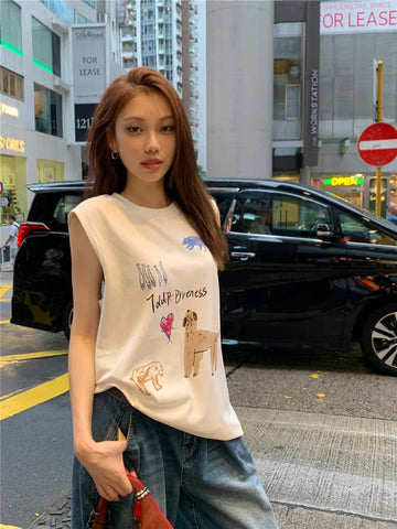 Back To School Sonicelife Kawaii Doggy Graffiti Tank Top White Sleeveless Funny Print T-shirts Women Oversize Summer Fashion Korean Style Clothes