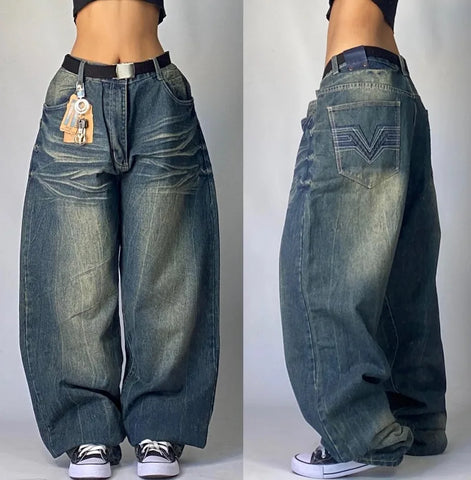 Sonicelife Streetwear New Fashion Blue Washed Old Baggy Jeans Women Y2K Vintage Harajuku Casual Joker Gothic High Waist Wide Leg Pants