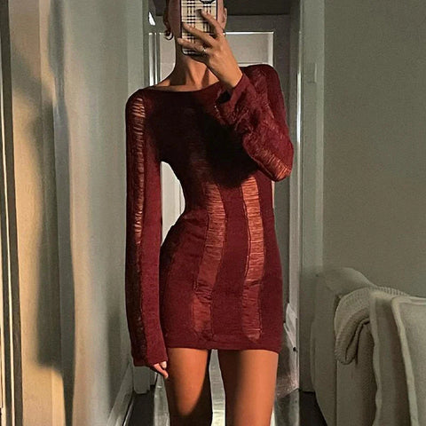 Sonicelife hoco dresses-Women Cutout Y2K Vintage Ripped Long Sleeve Round Neck Solid Color Hollow Out Casual Party Short Wrapped Dress