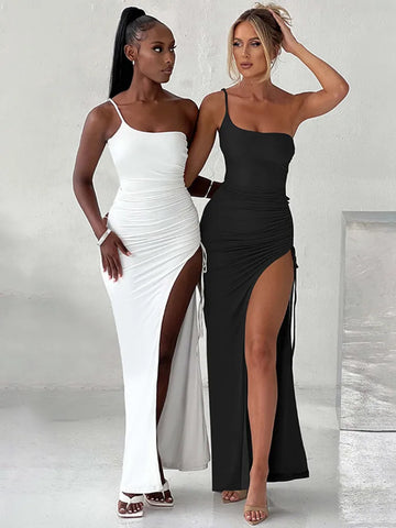 Sonicelife One Shoulder Strap Thigh High Split Maxi Dress For Women Robe Sleeveless Backless Bodycon Sexy Club Party Long Dress