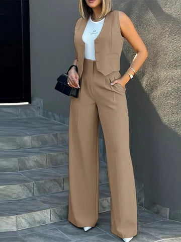 Sonicelife Stylish Women Commuting Vest Tops High Waist Wide Leg Pants 2024 Spring Autumn V Neck Sleeveless Button Regular Work Pants Set