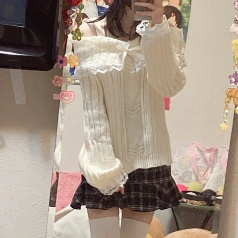 Sonicelife Kawaii Lace Trim Off Shoulder Pullovers Pretty Cute Outfits Harajuku Cosplay Sweater Y2K Aesthetic Vintage Long Sleeve Jumpers