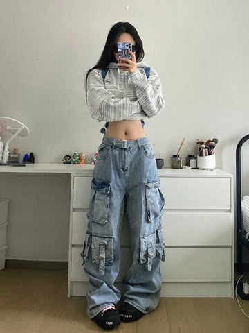 Sonicelife American Street Workwear Multi-Pocket Heavy Lndustry Design Jeans Female Y2K Gothic Fashion Punk Style Loose Floor Wide-leg Pant