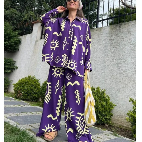 Sonicelife Two Piece Sets Women Print Blouse Shirt Single Breasted Wide Leg Pants Lace Up Full Length Loose Fit Suit Casual Ensemble