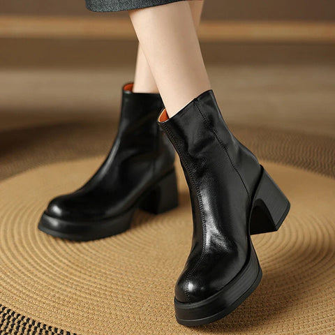 Sonicelife NEW Autumn Women Boots Split Leather Shoes for Women Round Toe Chunky Heel Shoes Casual Platform Modern Boots Zipper Ankle Boots