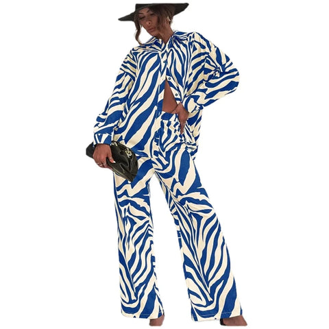 Sonicelife 2024 Casual Spring Summer Women Zebra-stripe Print Set Long Sleeve Shirt   Wide Leg Pants Two Piece Set Wide Trousers Suit