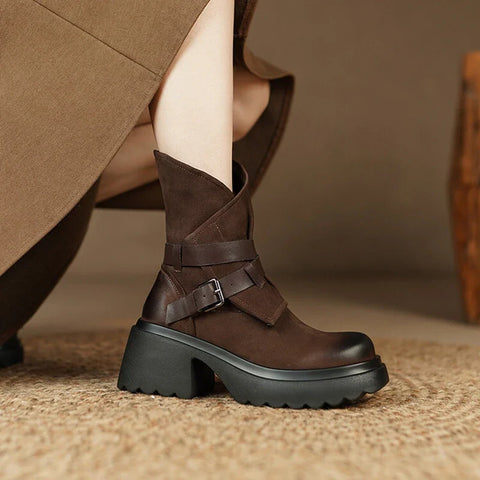 Sonicelife NEW Autumn Boots Women Genuine Leather Round Toe Platform Boots Belt Buckle Casual Boots Solid Thick Heel Short Boots for Women