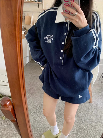 Black Friday Sonicelife Striped Patchwork Hoodies Women Navy Turndown Collar Oversized Sweatshirt Sporty Chic Autumn Korean Uniform Clothes Chic