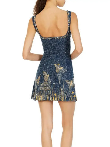 Back To School Sonicelife Women Glitter Print Sequins Spliced Mini Dress Sexy Backless Sleeveless Bodycon Sling Dresses 2024 Lady High Street Clubwear