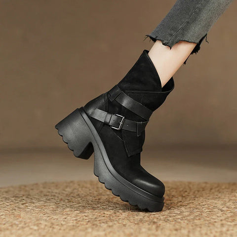 Sonicelife NEW Autumn Boots Women Genuine Leather Round Toe Platform Boots Belt Buckle Casual Boots Solid Thick Heel Short Boots for Women