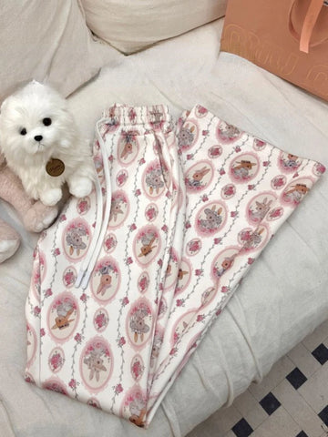 Sonicelife Fashion All-match Cute Rabbit Print Trousers Y2k Drawstring High Waist Flare Pants 2024 Sumemr New Loose Wide Leg