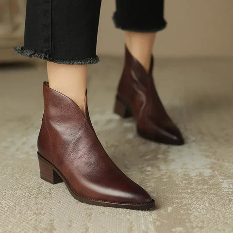 Sonicelife Women Pointy Brown Ankle Boots High Heels Shoes Woman Vintage Chelsea Boots Autumn PU Leather Femme Mid-heel Stubby Ankle Boots