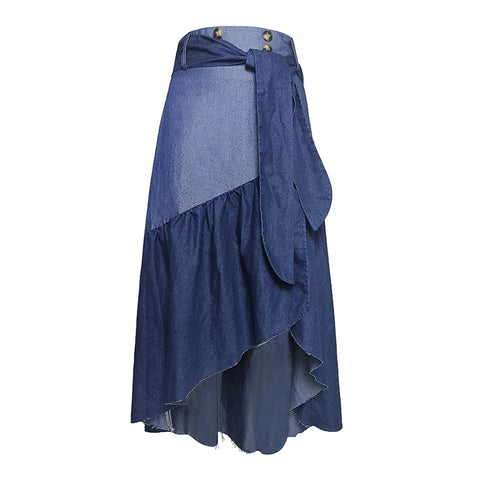 Sonicelife Patchwork Women's Denim Skirt Y2K Loose Irregular Straps High Waist Plus Size Ladies Over The Knee Skirt 2023 New Long Skirt