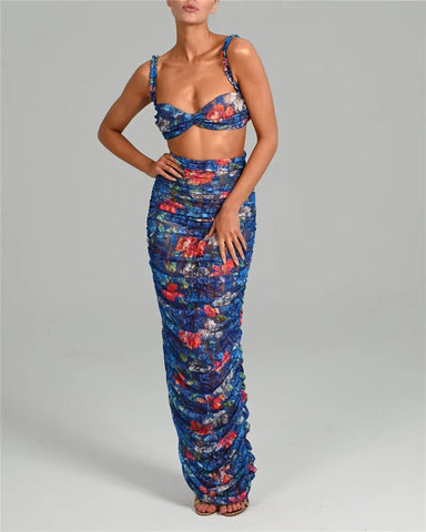 Sonicelife Floral Spaghetti Straps Bra Top and Skirt Set