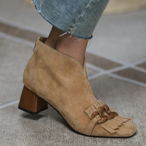 Sonicelife NEW Women Boots Sheep Suade Round Toe Square Heel Mid-Heel Ankle Boots Fringed Zipper Fashion Solid Office Lady Shoes Plus Size
