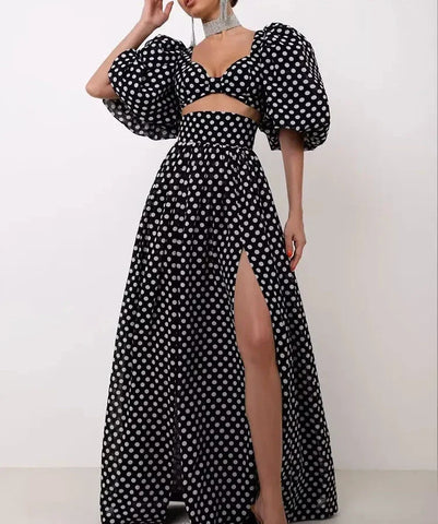 Sonicelife Polka Dots Cropped Top and Side Slits High Waist Skirt Set