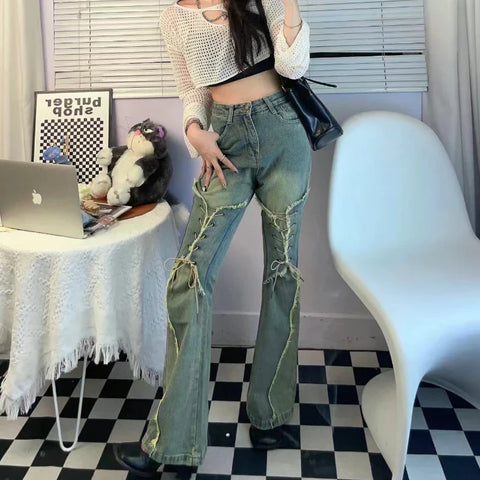 Sonicelife New high street women clothing bow raw edge strap micro-flare jeans women Y2k retro high waist Korean version trendy pants