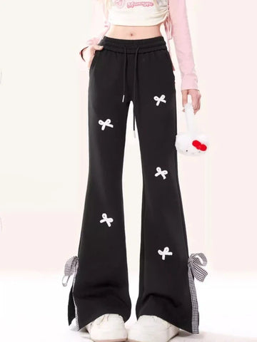 Sonicelife Sweet Cool Bow Split Flare Pants for Women Y2k High Waist Straight Trousers 2024 Early Autumn New Loose Wide Leg