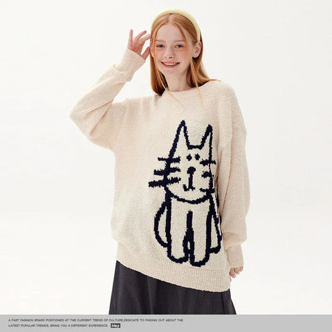 Back To School Sonicelife 2024 Fall Fashion  Sweater Cute Cat Graphic Vintage Knitwear Y2K Sweaters Winter Harajuku Oversized Pullover Sweater Aesthetic Unisex Clothes Teens