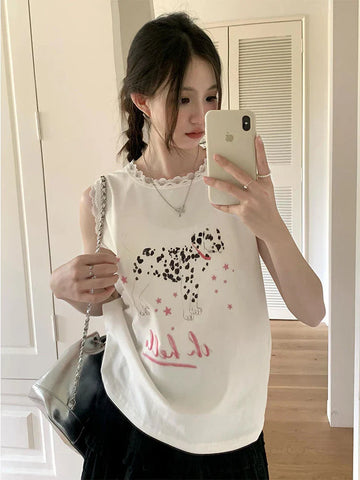 Back To School Sonicelife White Doggy Print T-shirts with Lace Kawaii Animals Graphic Sleeveless Tank Tops Summer Fashion Cutecore Spotted Dog Tee