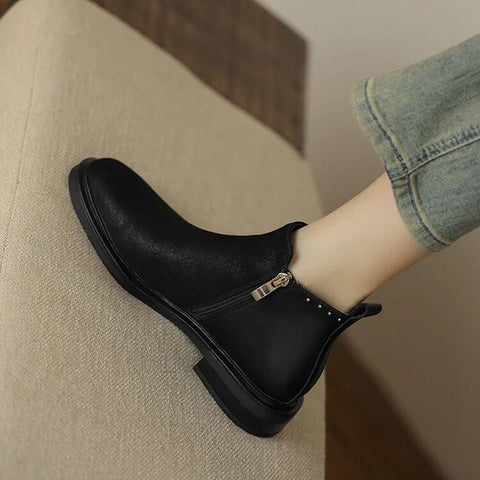 Sonicelife NEW Autumn Women Boots Round Toe Chunky Heel Boots Women Winter Genuine Leather Shoes for Women Chelsea Boots Black Ankle Boots