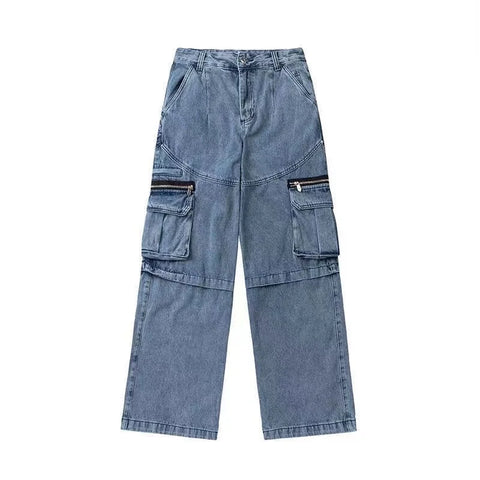 Sonicelife 2023 American New Y2K Retro Low-Waisted Tooling Multi-Pocket Women Jeans Spring And Autumn Straight Casual Loose Wide-Leg Pants