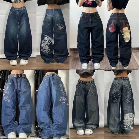 Sonicelife Y2K Baggy Jeans Streetwear Womens Hip Hop Skull Graphic Jeans Black Pants New Harajuku Gothic High Waisted Wide Leg Trousers