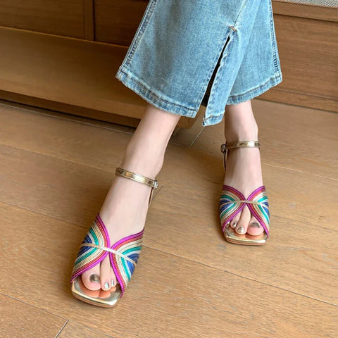 Sonicelife Summer Women Sandals Split Leather Shoes for Women Square Toe Chunky Heel Shoes Fashion Narrow Band Sandals Solid Handmade Shoes