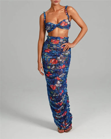 Sonicelife Floral Spaghetti Straps Bra Top and Skirt Set