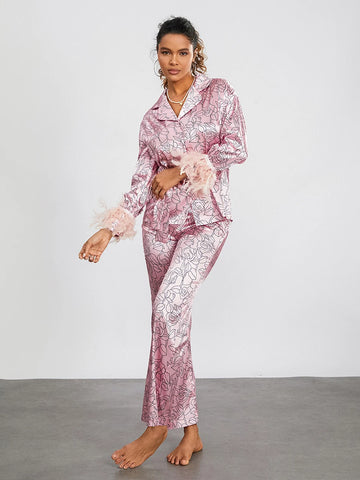 Sonicelife Women’s Pajama Sets Floral Print Satin Lounge Wear Outfit Spring Summer Feathers Trim Long Sleeve Kimono Robe Tops+Pants