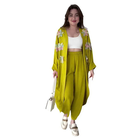 Sonicelife Pant Set Two Pieces Long Sleeve Cardigan Outerwear Matching Sets Loose Straight Ankle Length Pants Pockets High Street Print