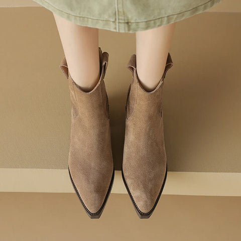 Sonicelife NEW Autumn Women Boots Cow Suede Leather Shoes for Women Pointed Toe Chunky Heel Shoes Concise Black Boots Zipper Western Boots