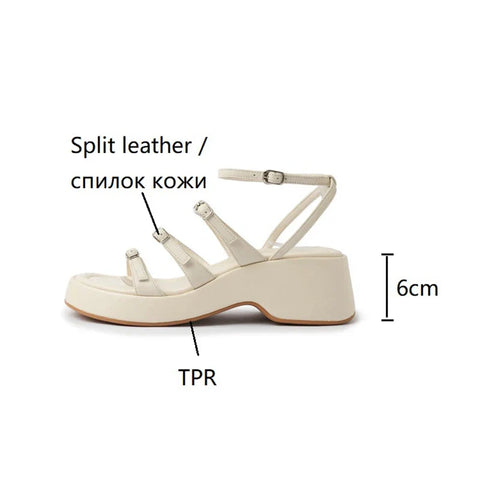 Sonicelife Summer Women Sandals Split Leather Shoes for Women Square Toe Thick Heel Shoes Narrow Band Platform Sandals Solid Handmade Shoes