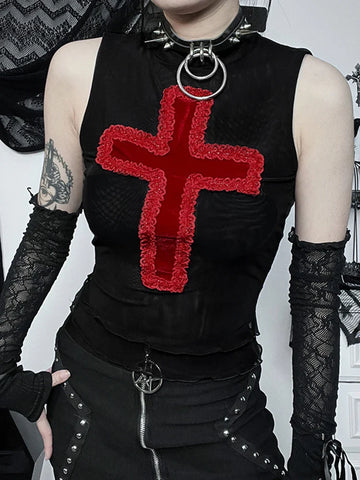 Sonicelife Women's Gothic Directional Design Top 2024 New Summer Dark Cross Camisole Tank Top
