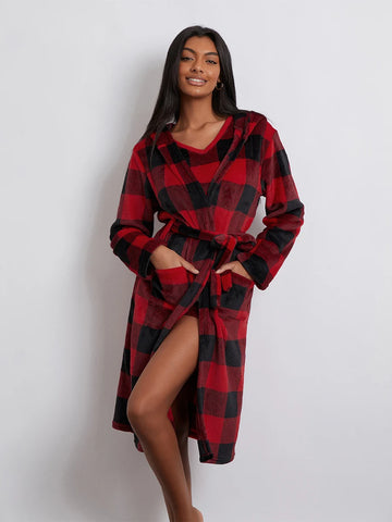 Sonicelife Fall Winter Plaids 3 Piece Pajamas Sets Women’s Warm Loungewear Sleeveless Straps Crop Tank Tops+Shorts+Long Sleeve Robe