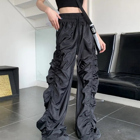 Sonicelife Street Vintage Ruched Black Cargo Pants 2024 Summer New Straight Wide Leg  Y2k E-Girl High Wiast Loose Trousers Women