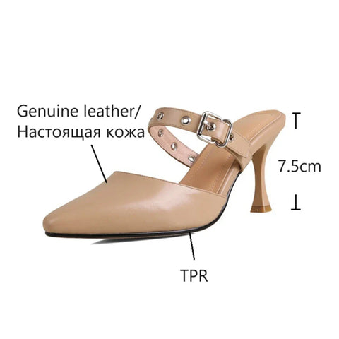 Sonicelife NEW Summer Women Sandals Genuine Leather Shoes for Women Cover Toe Slippers Belt Buckle Mules Ponited Toe Thin Heel Women Shoes