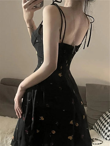 Sonicelife-Summer Y2K Retro Floral Spaghetti Strap Bow Black Dress Mini Fashion Aesthetic Club Party Sexy Dresses for Women A-line Sundress