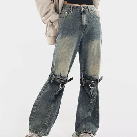 Sonicelife American Retro Washed Bell Bottom Jeans Y2k Grunge High Waist Loose Denim Pants 2024 New Straight Wide Leg  Women