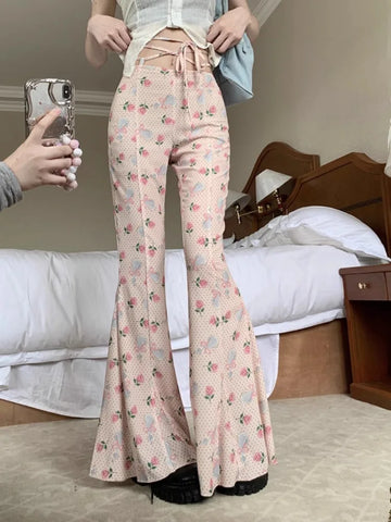 Sonicelife Sweet Floral Print Casual Pants for Women Sumemr Slim Fit Ruffles Flare  Y2k E-Girl High Waist Loose Wide Leg