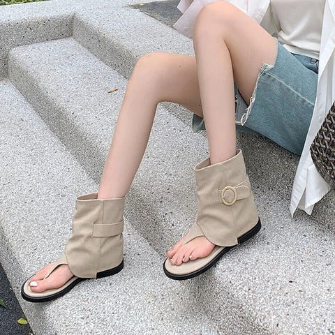 Sonicelife NEW Summer Boots Open Toe Low Heel Women Sandals Cotton Fabric Shoes for Women Pinch Toe Cool Boots Casual Belt Buckle Shoes